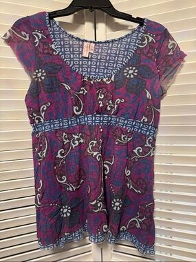 Sweet Pea Purple Floral and Blue Trim Short Sleeve Tunic